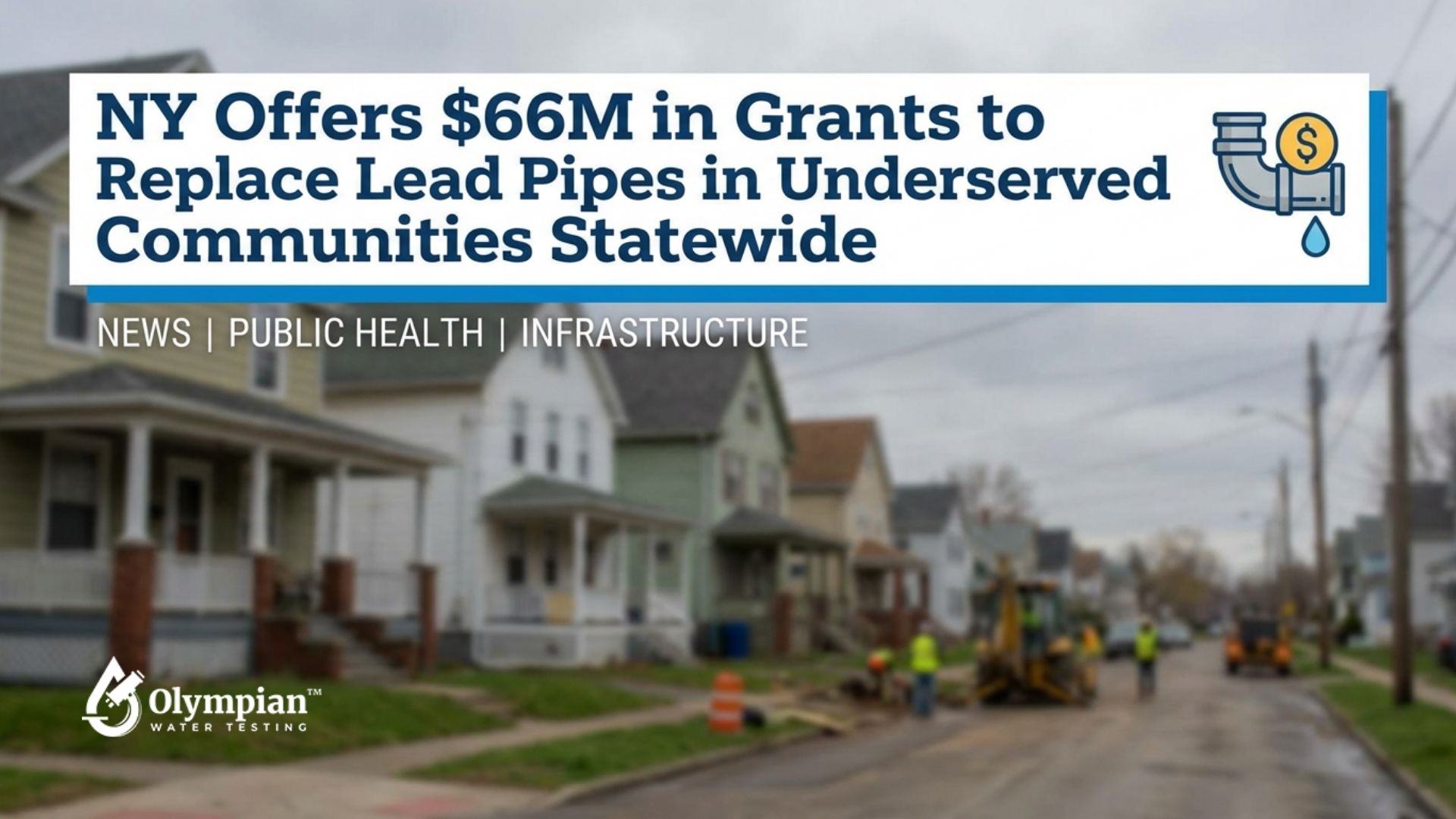 NY offers grants to replace lead pipes in underserved communities. Workers repair pipes in a residential neighborhood.