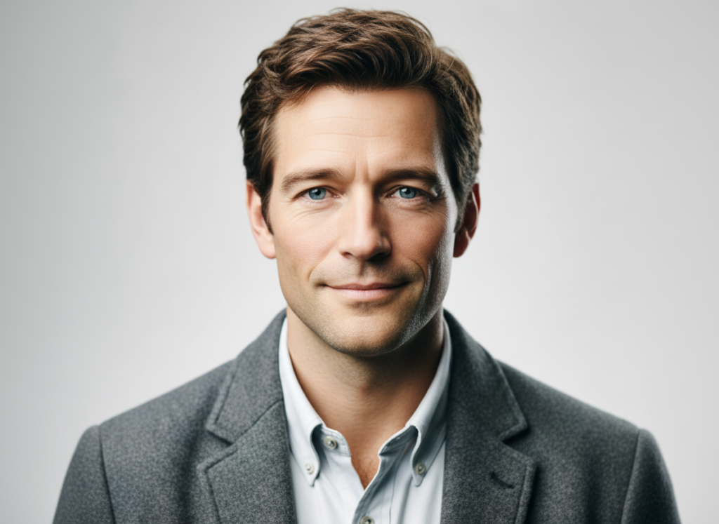 Stephen the author and olympian, headshot of a handsome man in a grey blazer and light blue shirt.