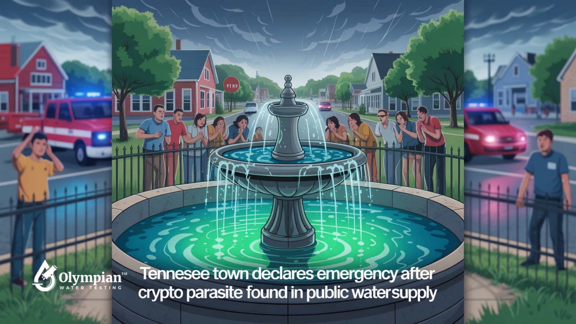 Tennessee town declares water emergency after crypto parasite found. Fountain, concerned residents, emergency vehicles. Water safety concern.