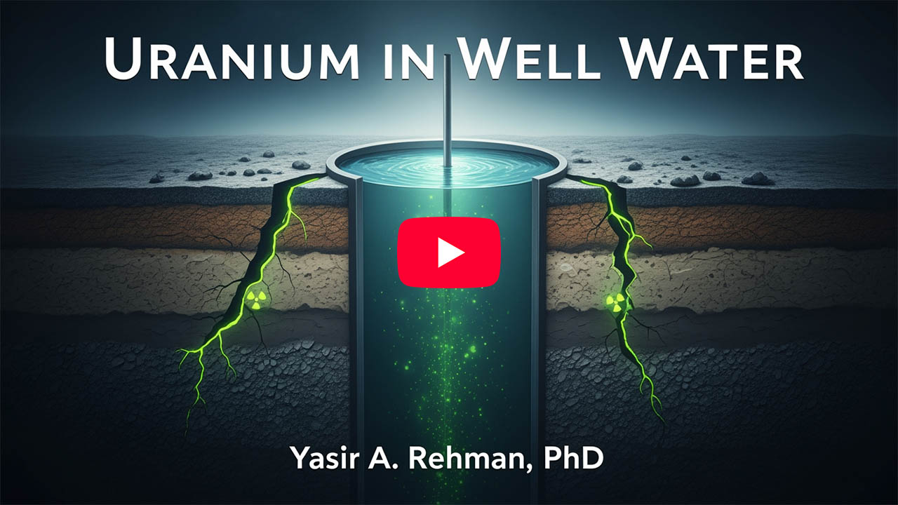 Uranium in Well Water: Diagram showing potential contamination risks in drinking water sources with uranium and radiation symbols.