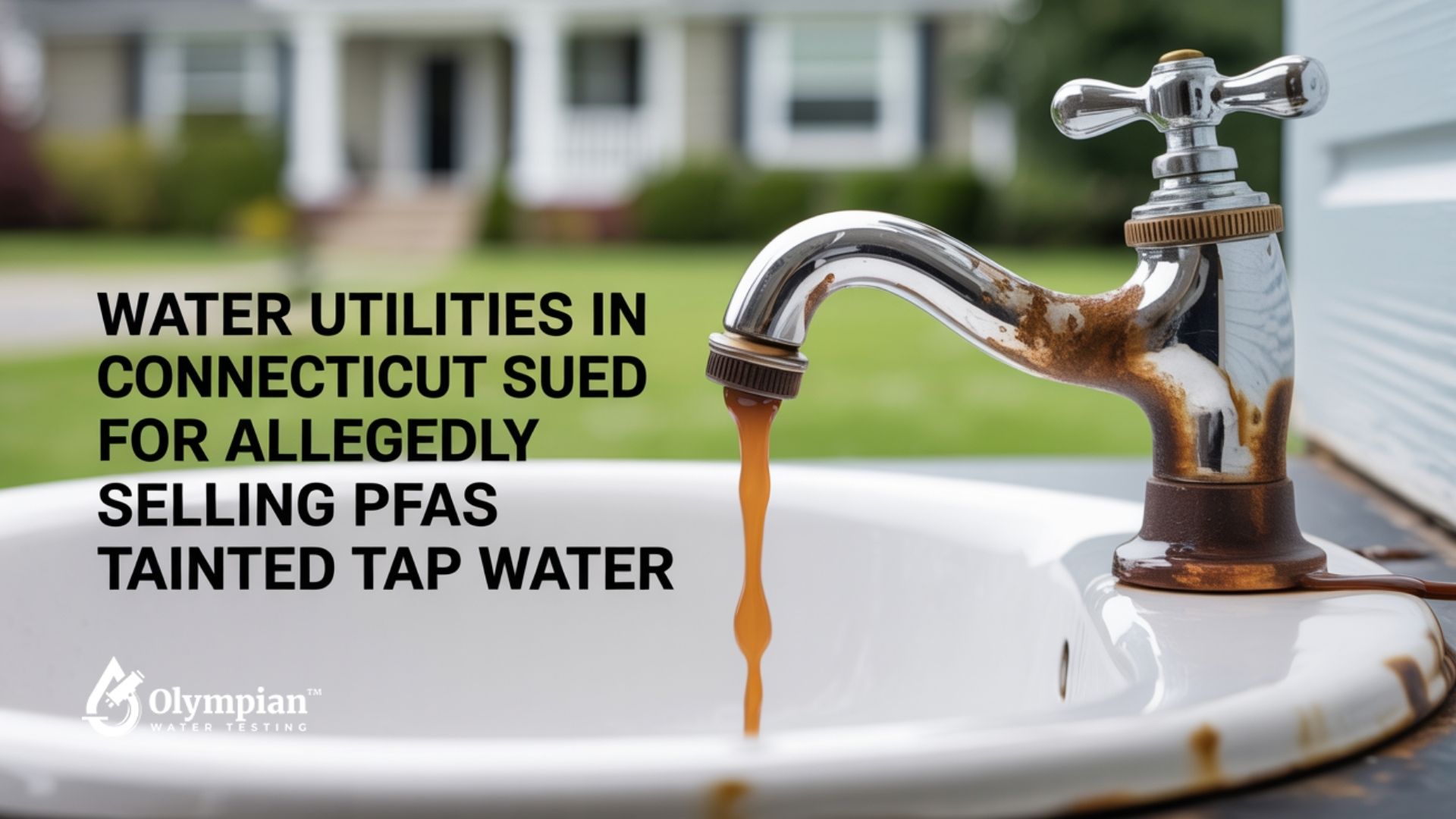 Connecticut water utilities sued for PFAS contamination, showing rusty tap with tainted water. Aging water infrastructure concept.