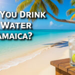 Can you drink the water in Jamaica? Beach scene with palm trees, turquoise water, and refreshing water with lime.